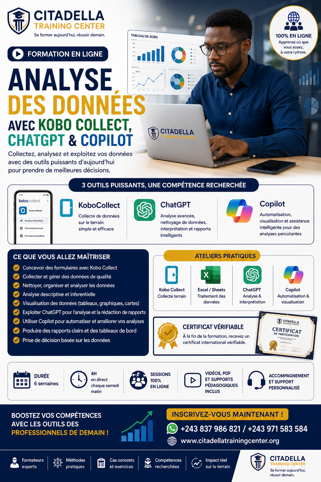 Formation en ligne en Analyse des données avec Kobo Collect + 2 Outils de l'intelligence Artificielle (ChatGPT & Copilot) pour 6 semaines,les weekends à partir du 05 Juin 2026